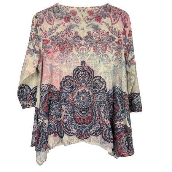 One World Paisley Print Tunic Top Sz XL Beaded 3/4 Sleeves Asymmetrical Hem - Picture 7 of 11